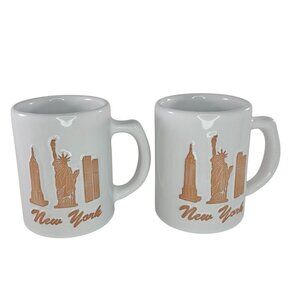 Vintage Frankoma New York Coffee Mugs Pair White Twin Towers
